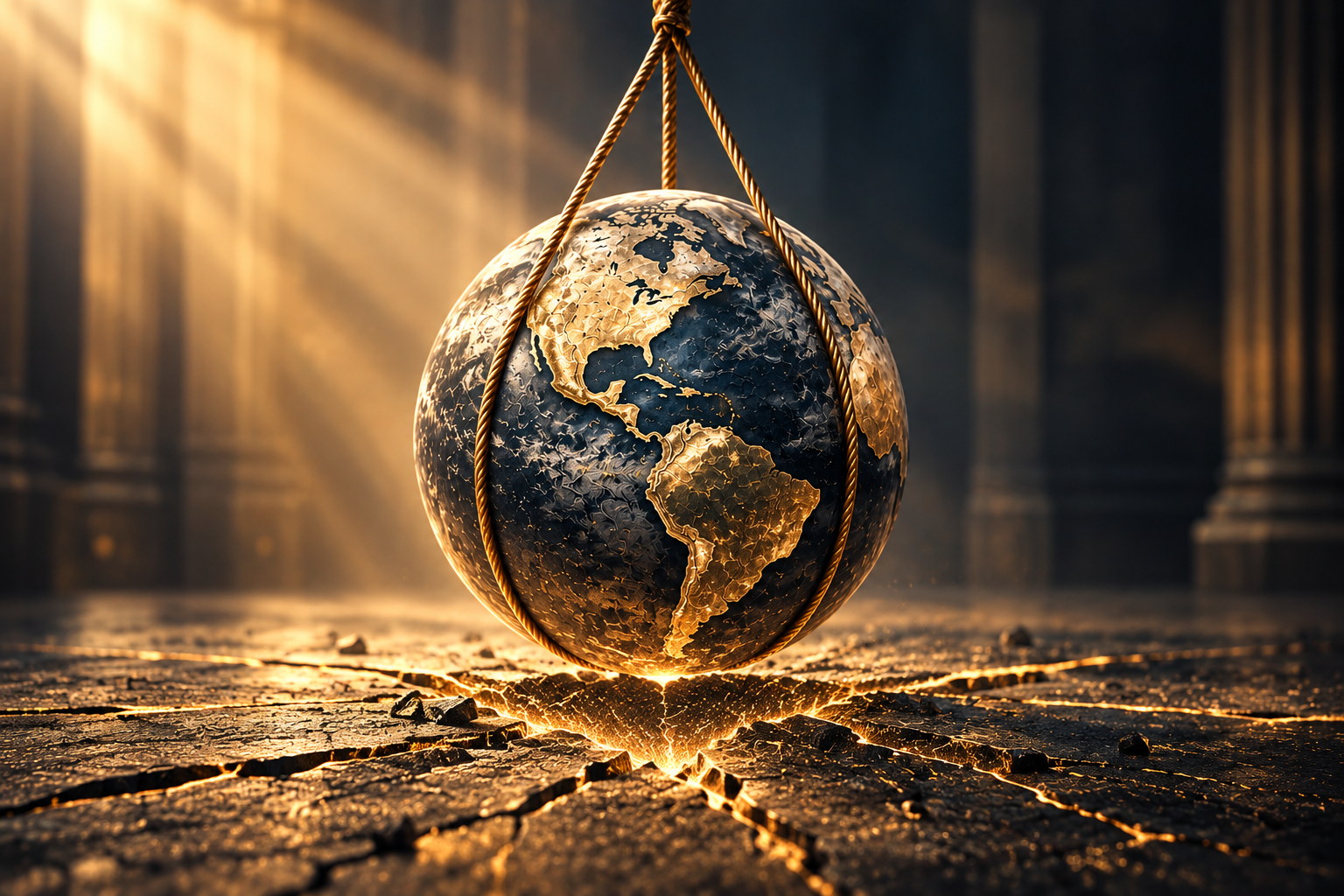 A golden globe suspended by rope above cracked ground